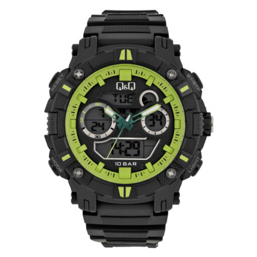 Q&Q GW88J007Y black resin strap black dial mens analog digital sports wrist watch