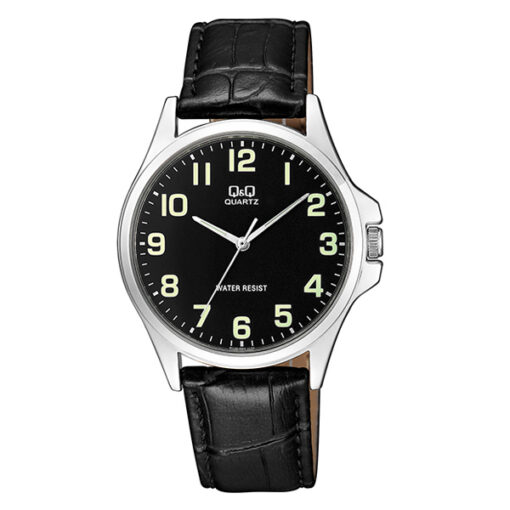 Q&Q QA06J305Y black leather strao black analog numeric dial mens dress watch