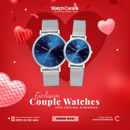 Q&Q QA20-QA21J202 Blue dial Silver Chain Citizen Corporation Japan Brand His and Her Pair watch for couple