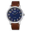 Q&Q QB28J345Y brown leather strap blue analog dial mens wrist watch