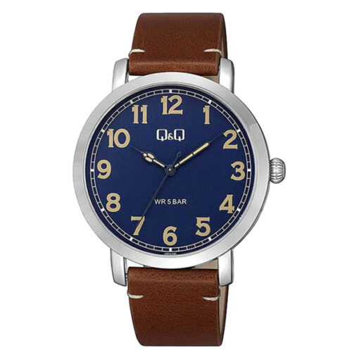 Q&Q QB28J345Y brown leather strap blue analog dial mens wrist watch