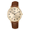 Q&Q QZ00J103Y brown leather strap golden dial mens gift wrist watch