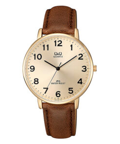 Q&Q QZ00J103Y brown leather strap golden dial mens gift wrist watch