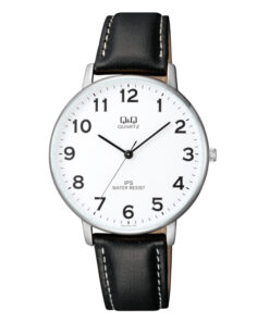 Q&Q QZ00J304Y Black Leather Strap white numeric dial mens wrist watch