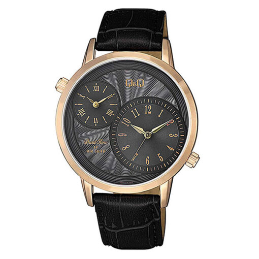 Q&Q QZ22J105Y black leather strap stylish analog dial men's wrist watch
