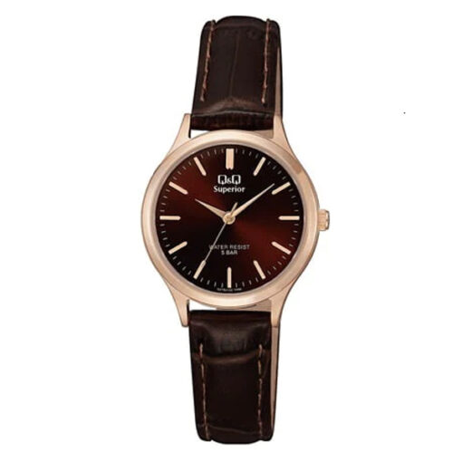 Q&Q S279J102Y brown leather strap maroon analog dial ladies quartz wrist watch