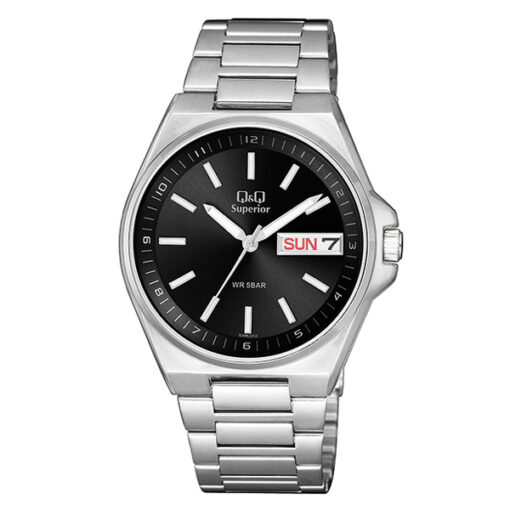 Q&Q S396J202Y silver stainless steel black analog dial mens wrist watch
