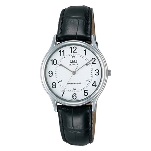 Q&Q VG68J304Y black leather strap white numeric dial mens analog wrist watch
