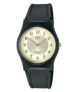 Q&Q VP34J011Y black resin band golden analog dial unisex wrist watch