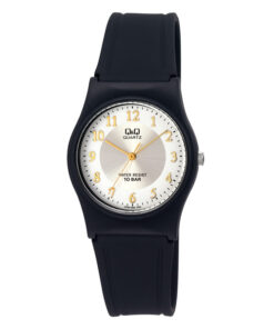 Q&Q VP34J052Y black resin band golden white analog dial ladies wrist watch