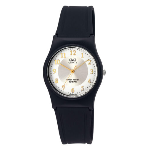 Q&Q VP34J052Y black resin band golden white analog dial ladies wrist watch