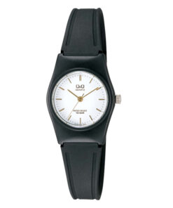 Q&Q VP35J005Y black resin band white analog dial ladies wrist watch