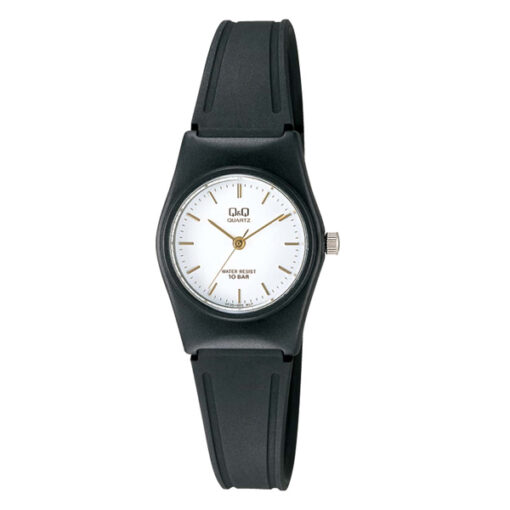 Q&Q VP35J005Y black resin band white analog dial ladies wrist watch
