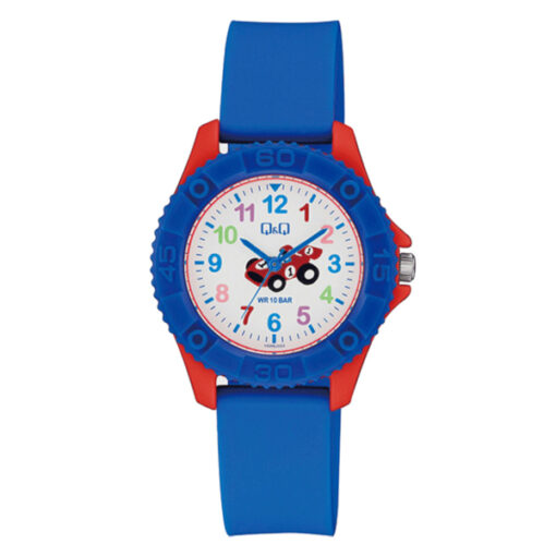 Q&Q VQ96J023Y blue resin band white dial boys analog wrist watch