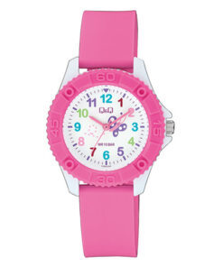 Q&Q VQ96J025Y pink resin band white dial girls analog wrist watch