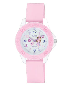Q&Q VQ96J027Y light pink resin band white dial girls analog wrist watch