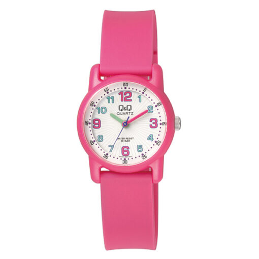 Q&Q VR41J002Y pink resin band white stylish analog dial kids wrist watch