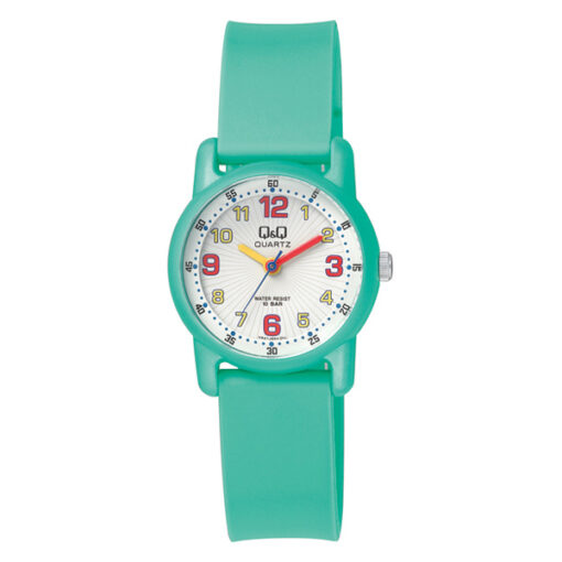 Q&Q VR41J004Y green resin band white stylish analog dial kids wrist watch