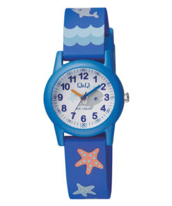Q&Q VR99J009Y blue anime printed resin band white dial kids analog wrist watch