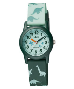 Q&Q VR99J010Y dinosaur printed resin band light green dial kids analog wrist watch