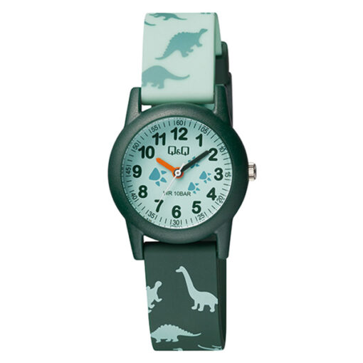 Q&Q VR99J010Y dinosaur printed resin band light green dial kids analog wrist watch