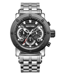 Rhythm I1203S01 silver stainless steel black dial chronograph mens sports wrist watch
