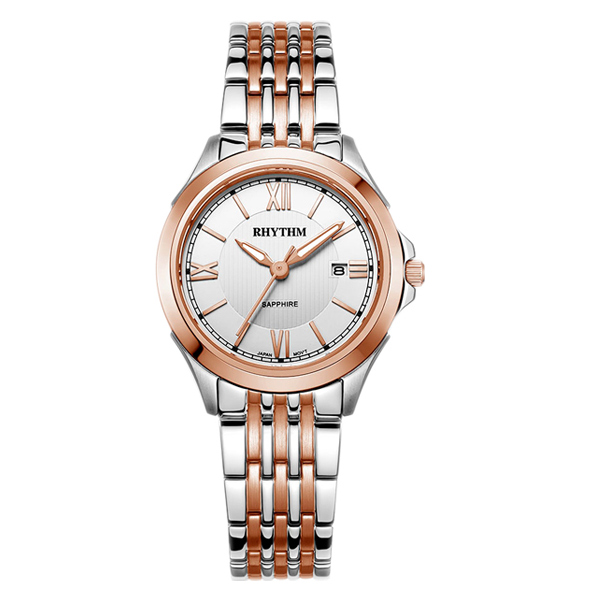 Rhythm P1206S05 two tone stainless steel white round analog dial ladies wrist watch