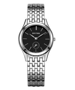 Rhythm P1302S02 silver stainless steel black analog dial ladies wrist watch