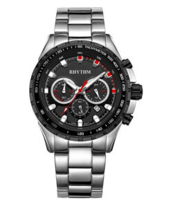 Rhythm S1411S02 Silver stainless steel black dial mens chronograph sports wrist watch