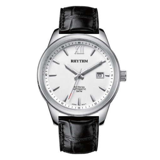 Rhythm AV1503L01 black leather strap white roman dial mens wrist watch