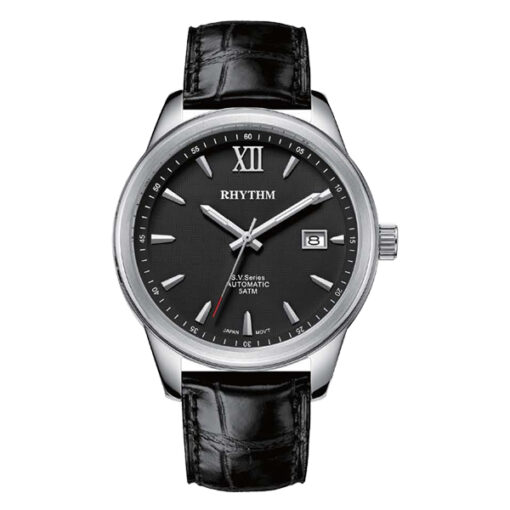 Rhythm AV1503L02 black leather strap black roman dial men's watch
