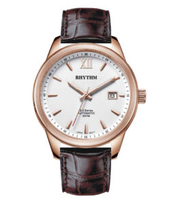 Rhythm AV1503L03 brown leather strap white roman dial men's watch