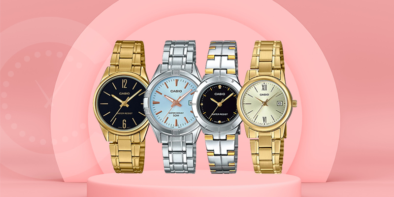 Casio ladies wrist watches banner showing four ladies quartz watches