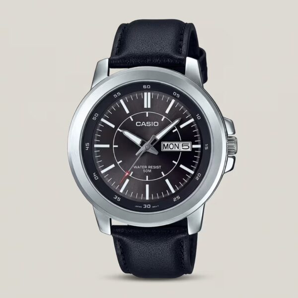 Casio men's black dial watch with silver-tone case, black leather strap, day-date display and 50M water resistance