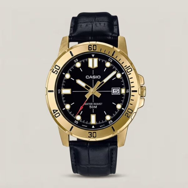 Casio men's black dial watch with gold-tone case and bezel, black leather strap, date display and 50M water resistance