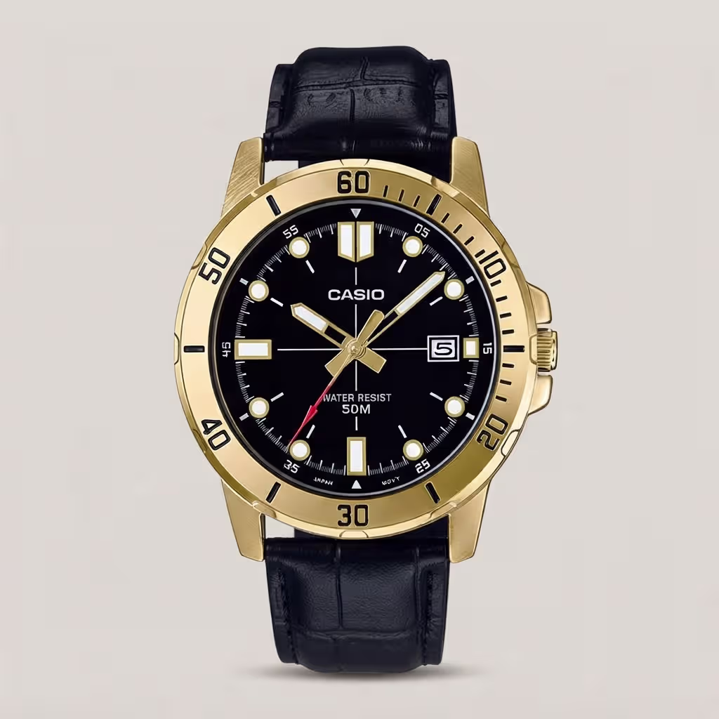 Casio men's black dial watch with gold-tone case and bezel, black leather strap, date display and 50M water resistance