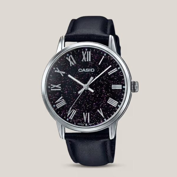 Casio men's black speckled dial watch with silver-tone case, black leather strap and Roman numeral hour markers