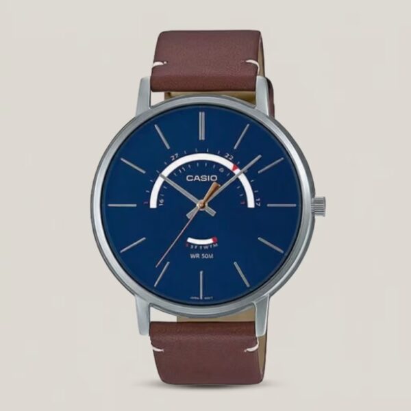 Casio men's blue dial watch with brown leather strap, silver-tone case and 50M water resistance