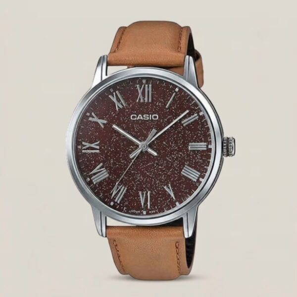 Casio men's brown speckled dial watch with tan leather strap, silver-tone case and Roman numeral hour markers