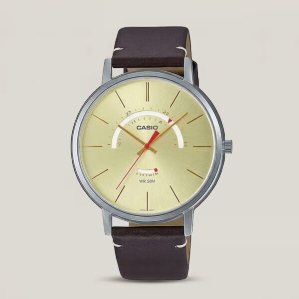 Casio men's champagne dial watch with brown leather strap, silver-tone case and 50M water resistance