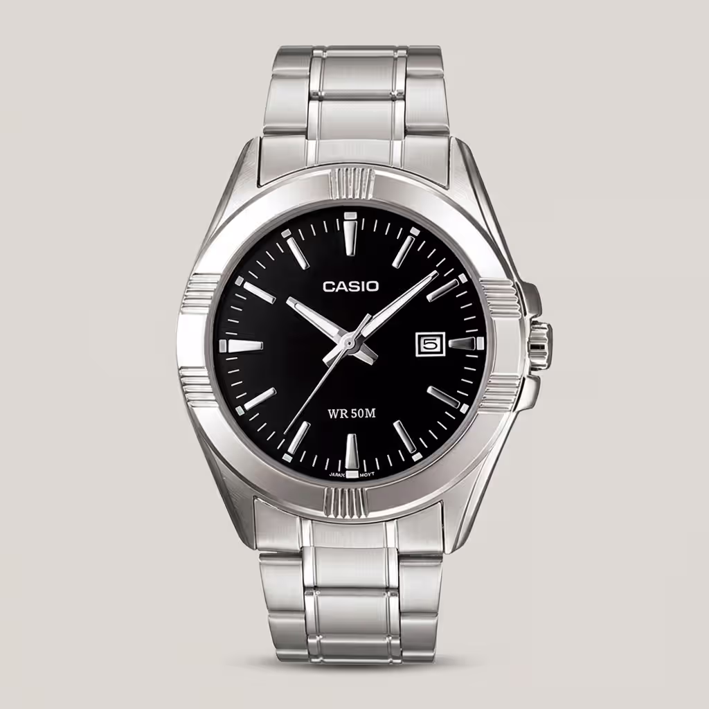 casio mtp-1308D-1A silver stainless steel black dial mens analog wrist watch