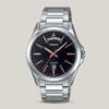 Casio MTP-1370D-1A2 stainless steel watch with black dial, rose gold accents, wide day-date window, and 50-meter water resistance.