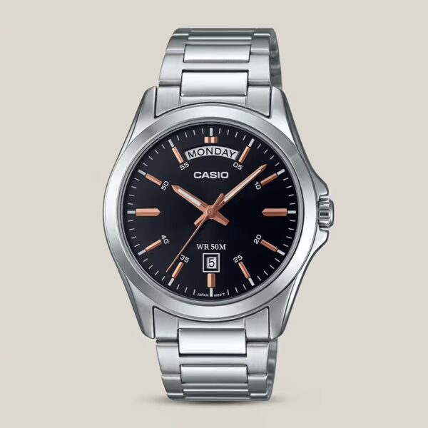 Casio MTP-1370D-1A2 stainless steel watch with black dial, rose gold accents, wide day-date window, and 50-meter water resistance.