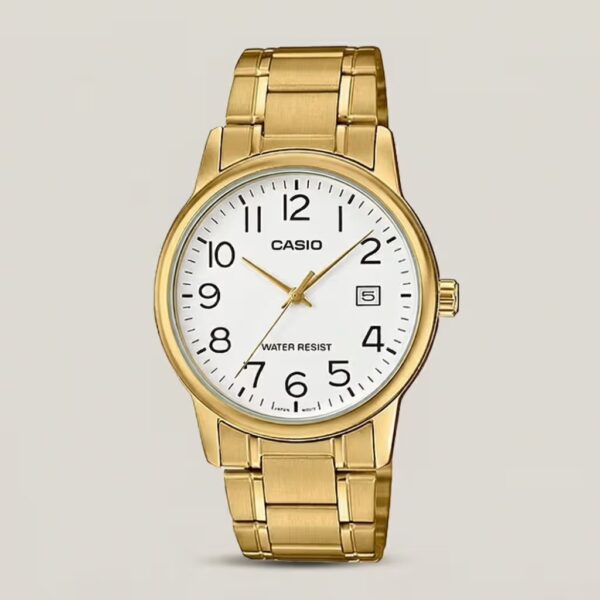 Casio MTP-VOO2G-7B2 golden stainless steel white numeric dial mens analog wrist watch