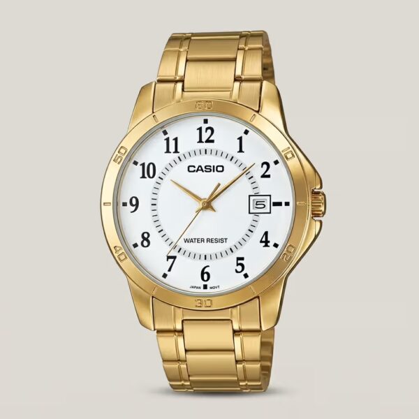 MTP-VOO4G-7B golden stainless steel white numeric dial mens wrist watch