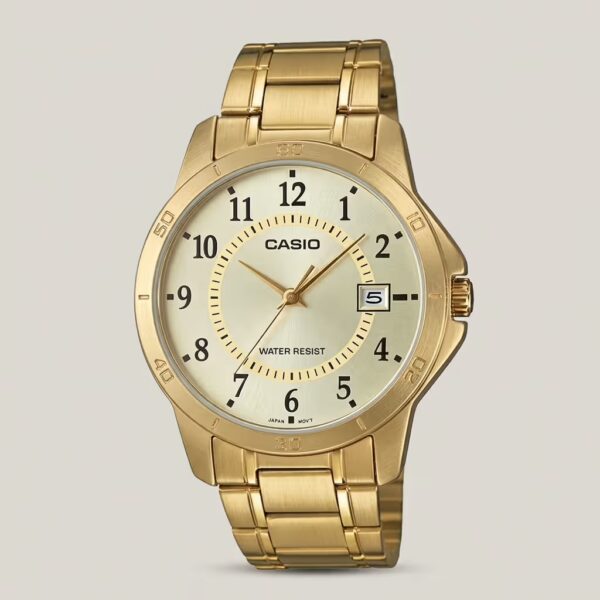 Casio-MTP-VOO4G-9B golden stainless steel golden dial mens analog wrist watch
