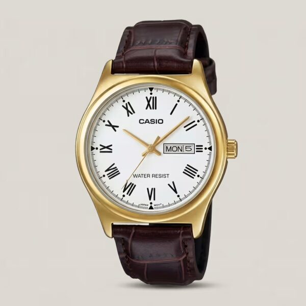 Casio men's white Roman numeral dial watch with gold-tone case, brown leather strap and day-date display