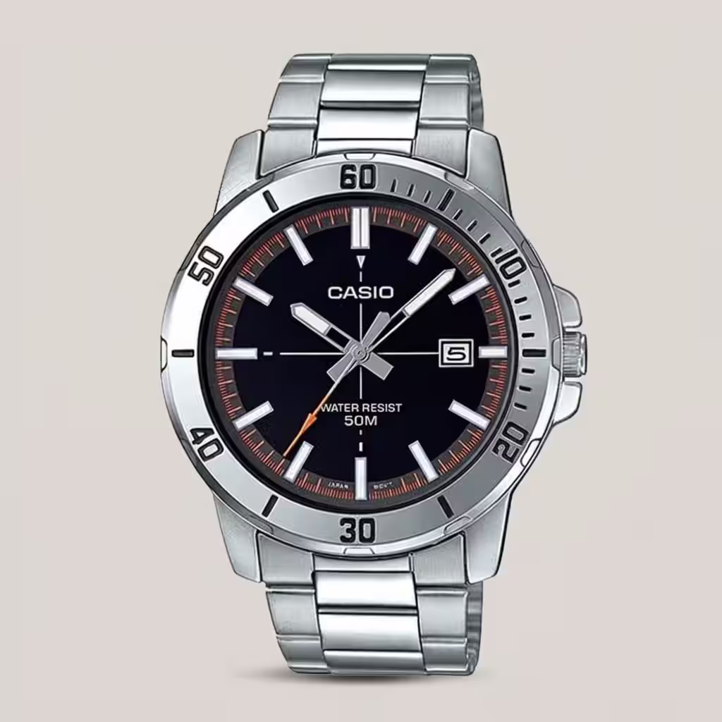 Casio MTP-VD01D-1E2 black simple analog dial silver stainless steel chain mens wrist watch