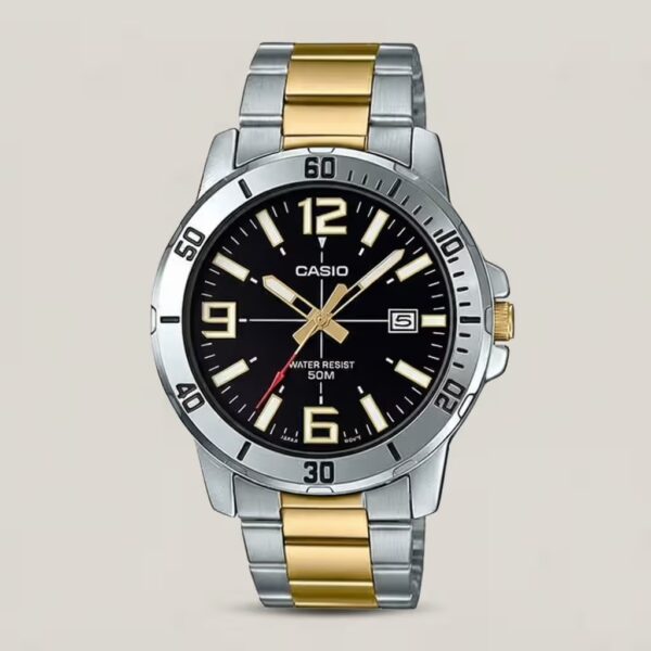 Casio MTP-VD01SG-1B two tone stainless steel black analog dial mens wrist watch