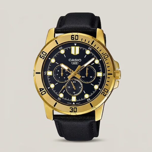 Casio MTP-VD300GL-1E black leather strap black multi hand dial mens dress watch